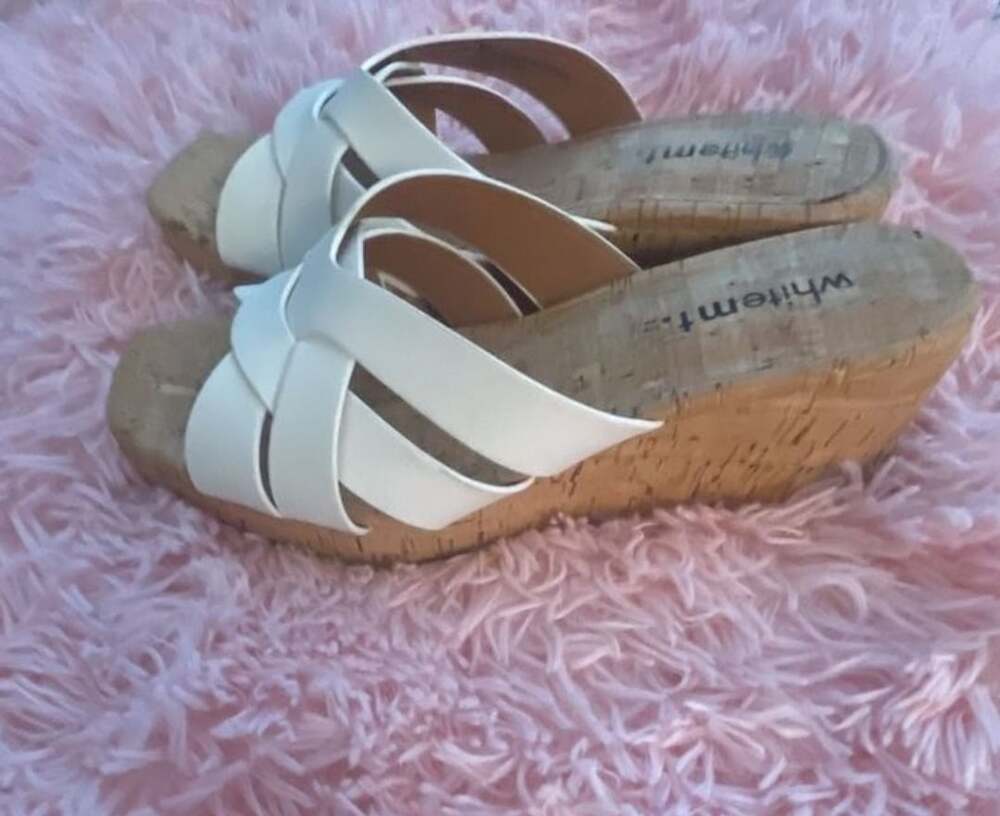 White Mountain Wedge Sandals White Cross Strap Cork Slide